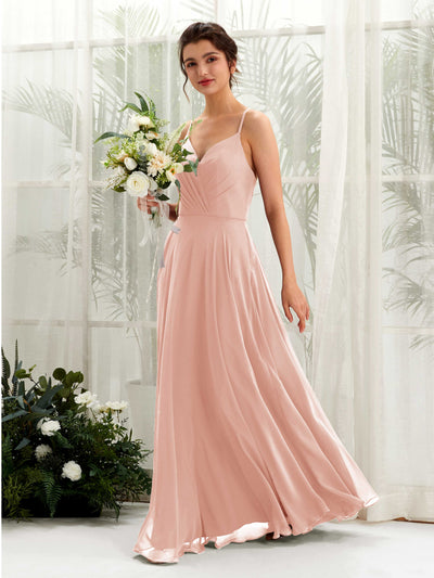 Carlyna Robe trapèze col V bretelles spaghetti longueur ras du sol robe de demoiselle d'honneur Rose Perle #couleur_rose-perle