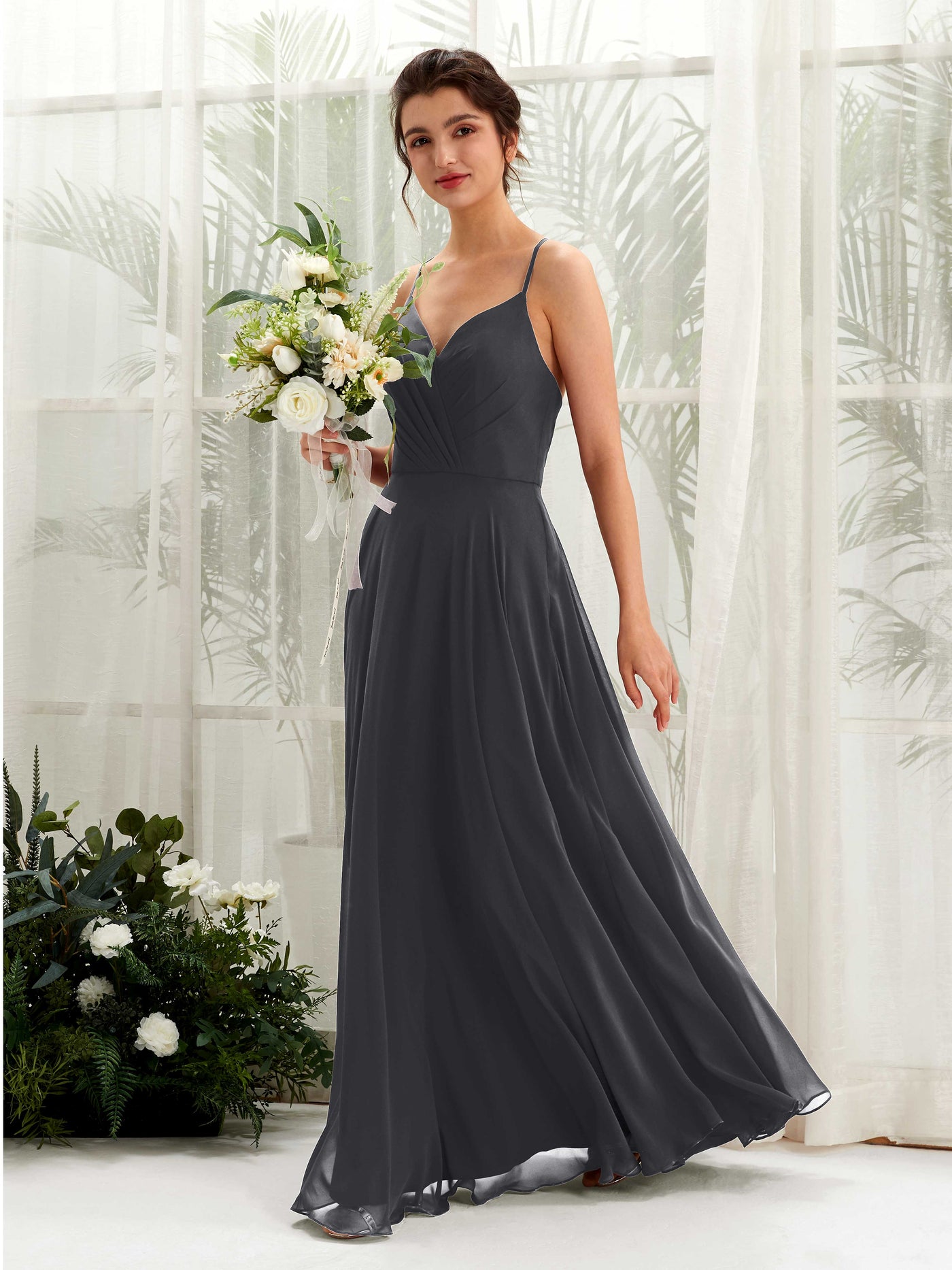 Carlyna Robe trapèze col V bretelles spaghetti longueur ras du sol robe de demoiselle d'honneur Étain #couleur_tain