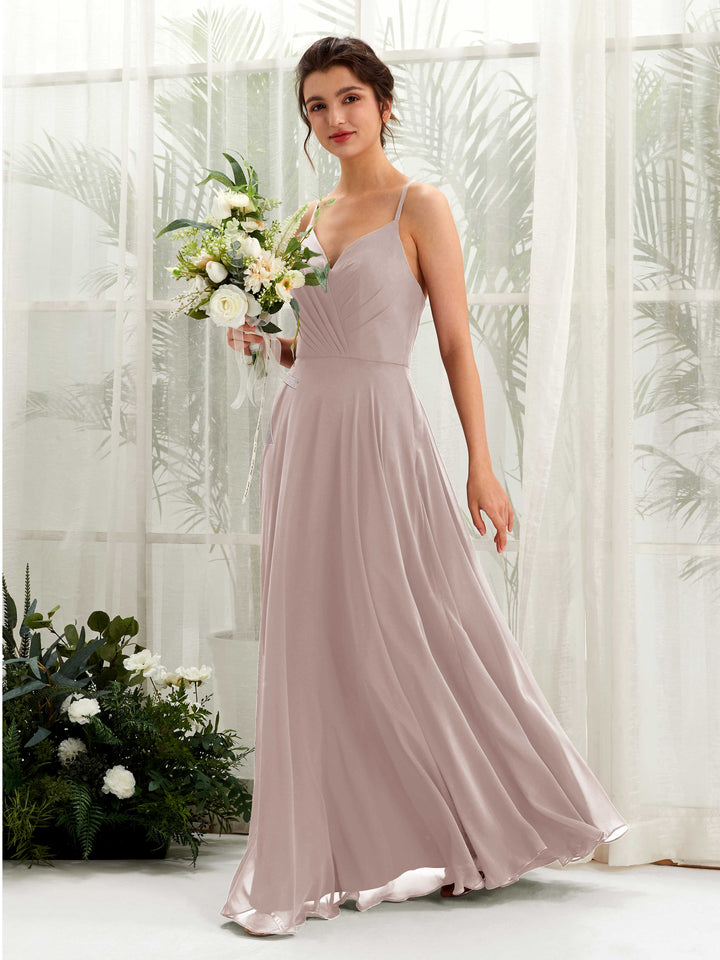 Carlyna Robe trapèze col V bretelles spaghetti longueur ras du sol robe de demoiselle d&