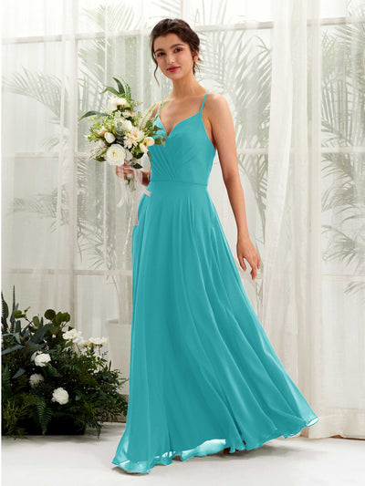 Carlyna Robe trapèze col V bretelles spaghetti longueur ras du sol robe de demoiselle d'honneur Turquoise #couleur_turquoise