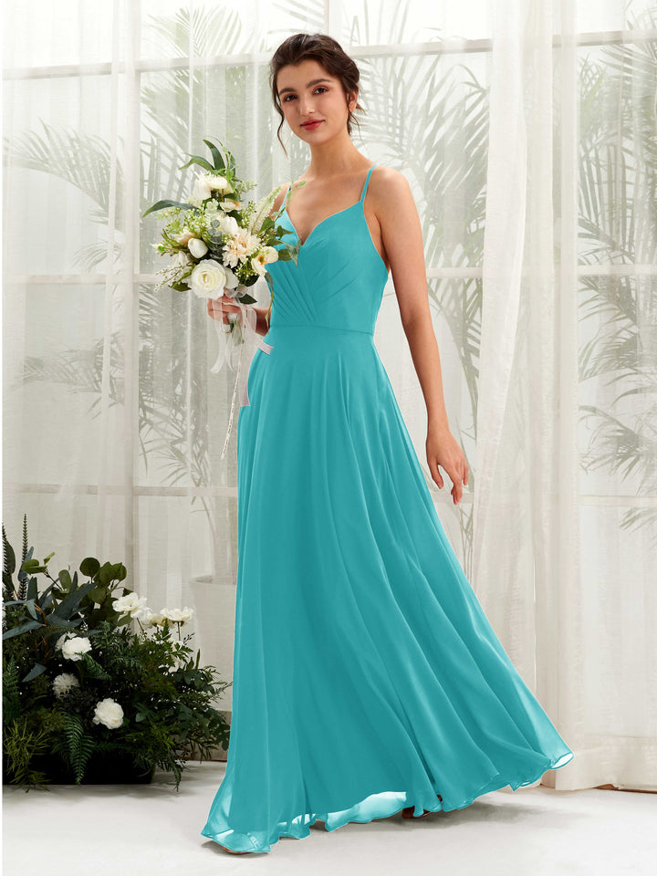 Carlyna Robe trapèze col V bretelles spaghetti longueur ras du sol robe de demoiselle d&
