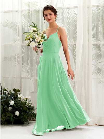 Carlyna Robe trapèze col V bretelles spaghetti longueur ras du sol robe de demoiselle d'honneur Vert Menthe #couleur_vert-menthe