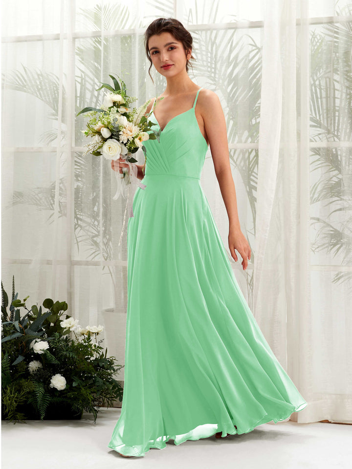 Carlyna Robe trapèze col V bretelles spaghetti longueur ras du sol robe de demoiselle d&