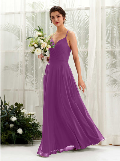 Carlyna Robe trapèze col V bretelles spaghetti longueur ras du sol robe de demoiselle d'honneur Violet #couleur_violet