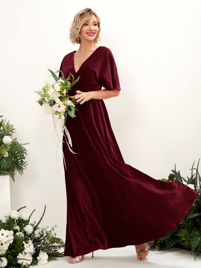 Carlyna Robe Trapèze Col V Encolure Croisée Longueur Ras du Sol Robes de Demoiselle d'Honneur Bordeaux #couleur_bordeaux