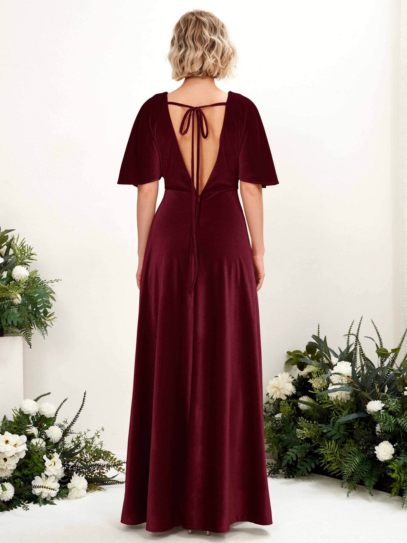 Carlyna Robe Trapèze Col V Encolure Croisée Longueur Ras du Sol Robes de Demoiselle d'Honneur Bordeaux #couleur_bordeaux