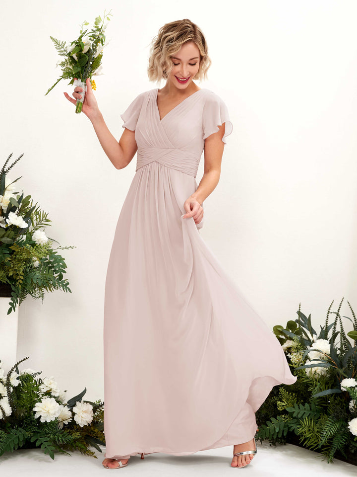 Carlyna Robe trapèze col V encolure croisée manches papillon longueur ras du sol Biscotti 