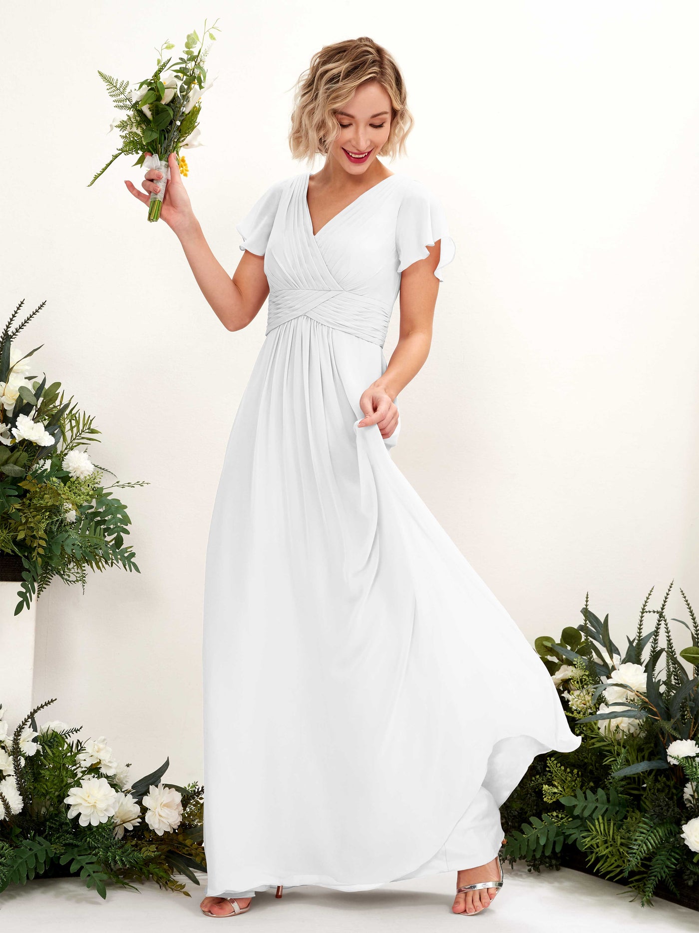 Carlyna Robe trapèze col V encolure croisée manches papillon longueur ras du sol Blanc #couleur_blanc