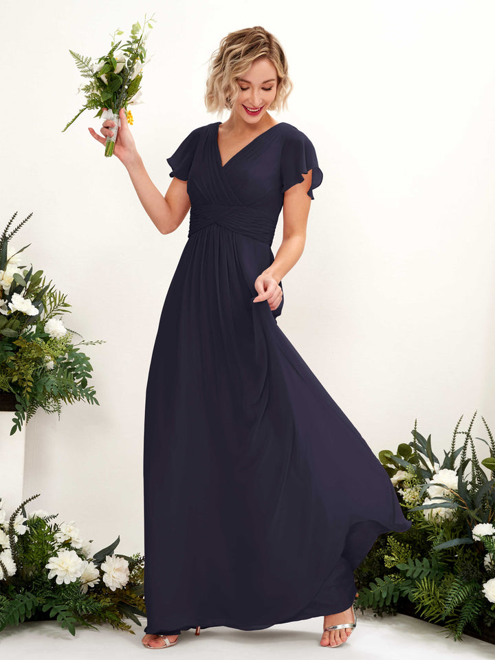 Carlyna Robe trapèze col V encolure croisée manches papillon longueur ras du sol Bleu Marine Foncé 