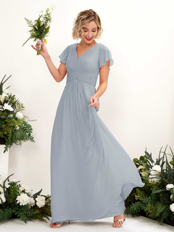 Carlyna Robe trapèze col V encolure croisée manches papillon longueur ras du sol Bleu Poussiéreux Amélioré 