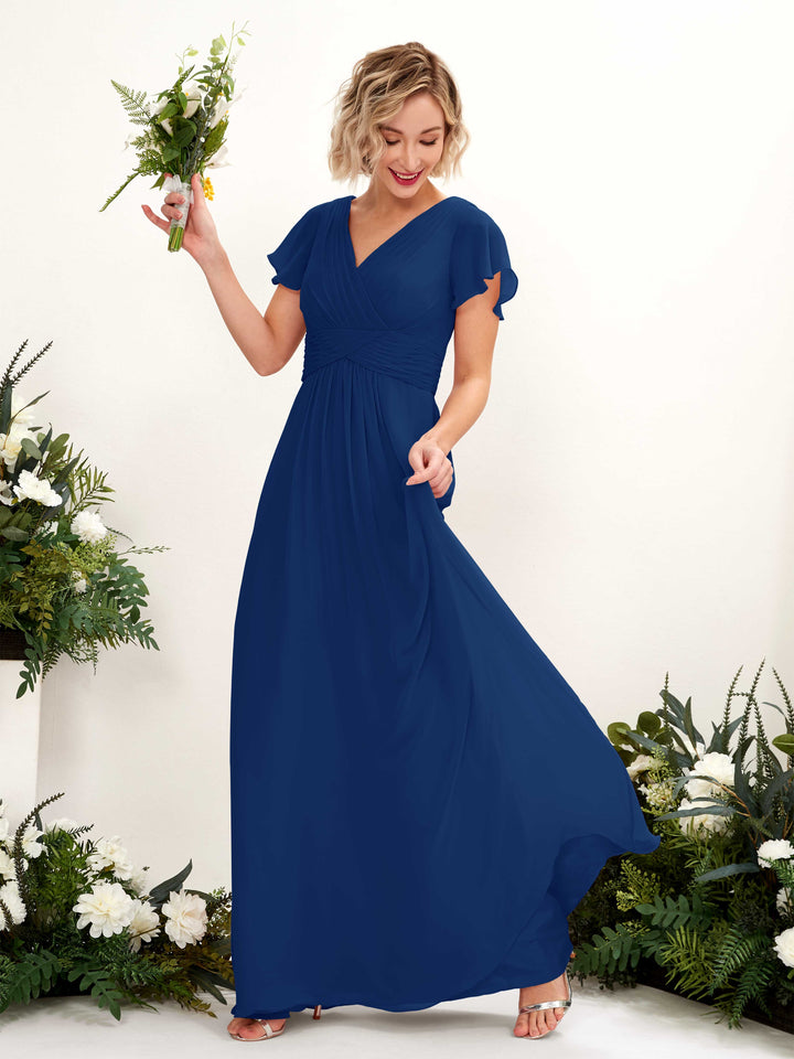 Carlyna Robe trapèze col V encolure croisée manches papillon longueur ras du sol Bleu Roi 