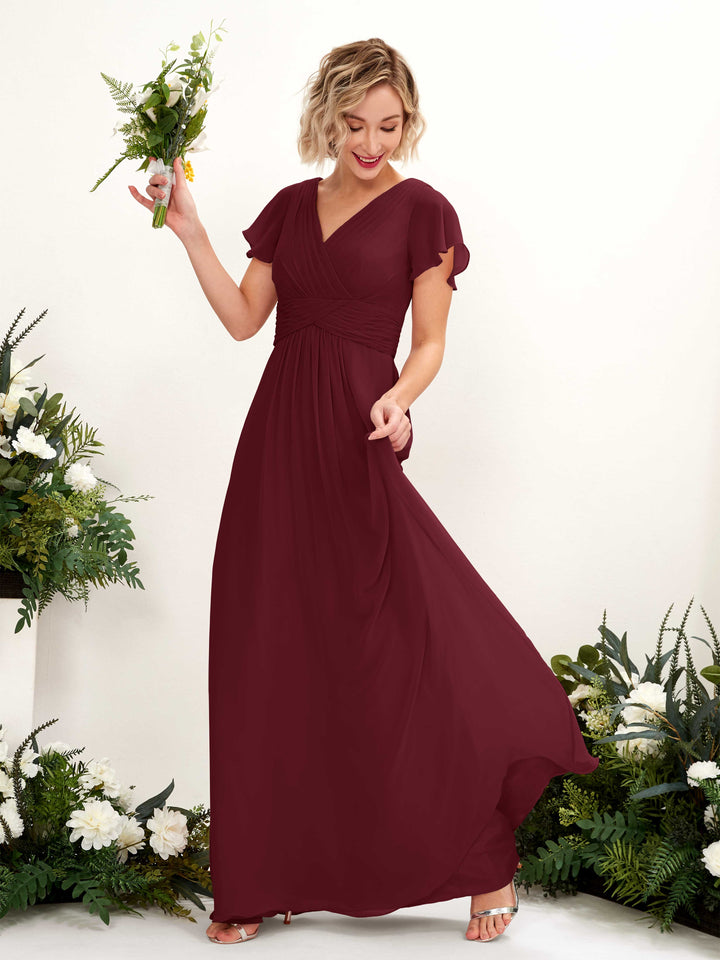 Carlyna Robe trapèze col V encolure croisée manches papillon longueur ras du sol Bordeaux 