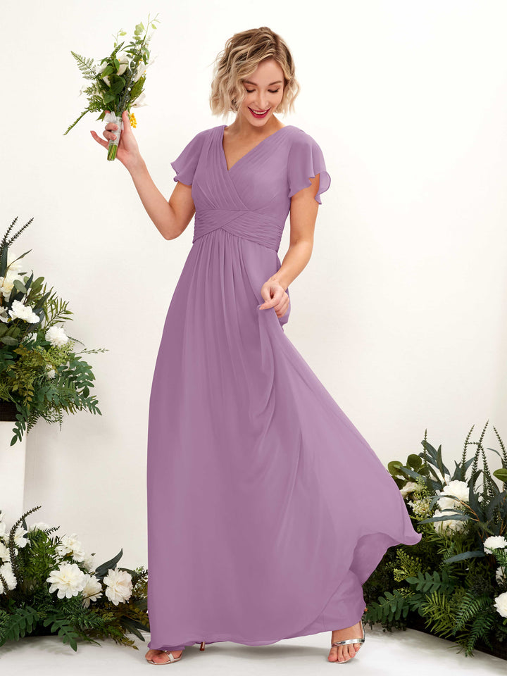 Carlyna Robe trapèze col V encolure croisée manches papillon longueur ras du sol Brume Orchidée 