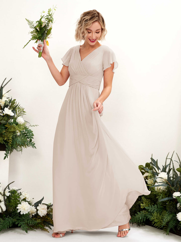 Carlyna Robe trapèze col V encolure croisée manches papillon longueur ras du sol Champagne 