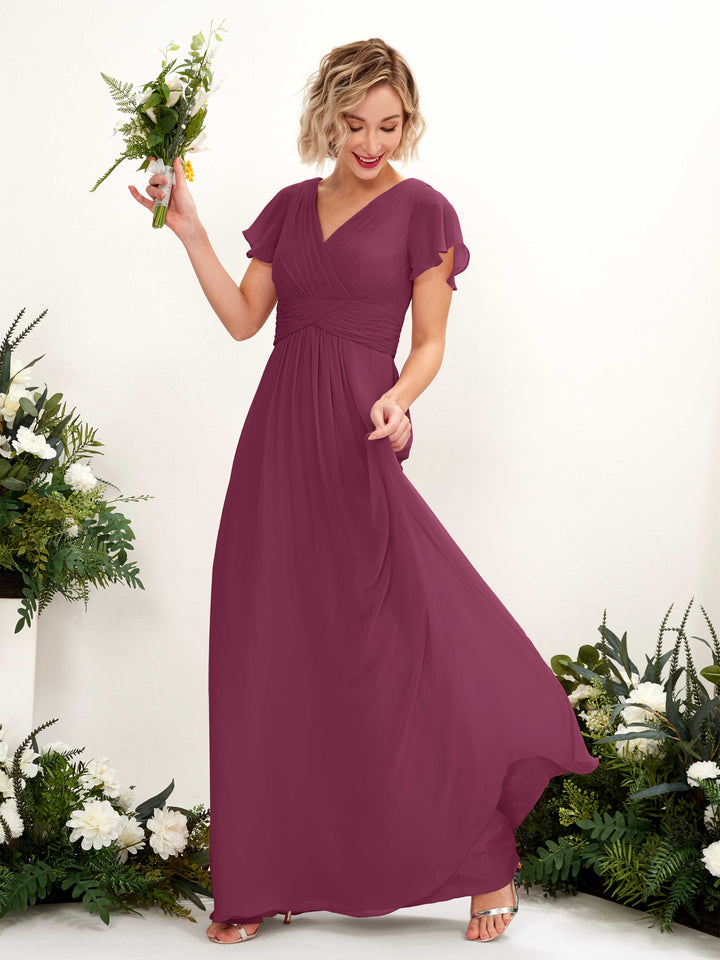 Carlyna Robe trapèze col V encolure croisée manches papillon longueur ras du sol Chianti 