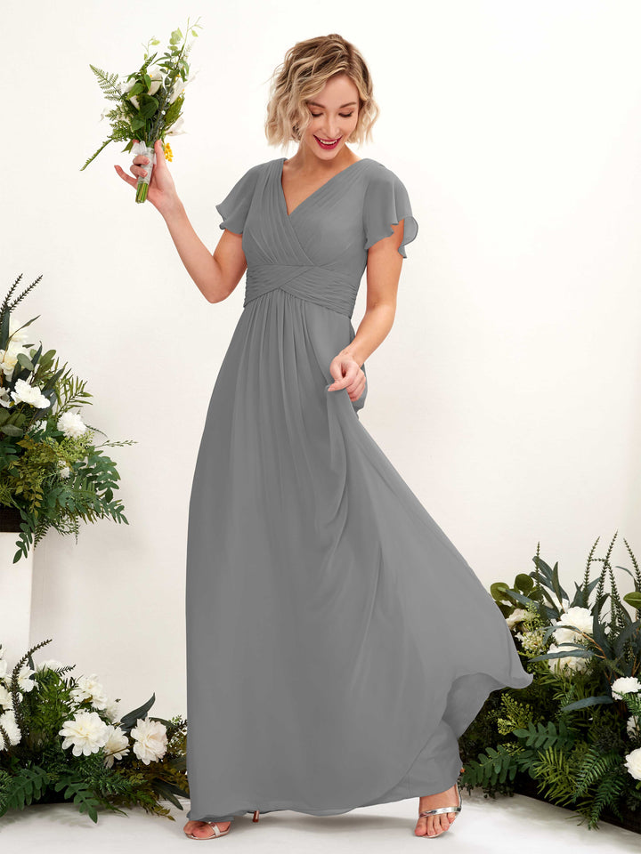 Carlyna Robe trapèze col V encolure croisée manches papillon longueur ras du sol Gris Acier 