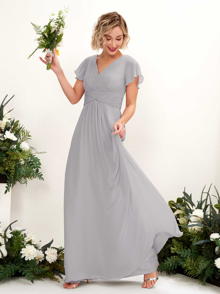 Carlyna Robe trapèze col V encolure croisée manches papillon longueur ras du sol Gris Boussole 