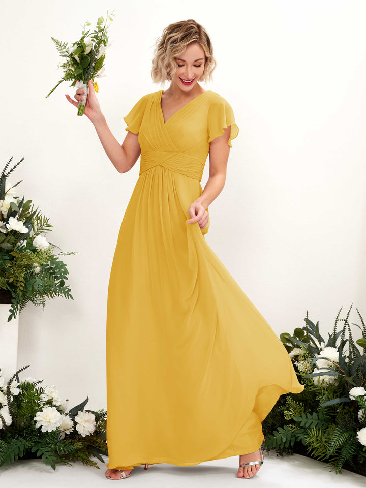 Carlyna Robe trapèze col V encolure croisée manches papillon longueur ras du sol Jaune Moutard 