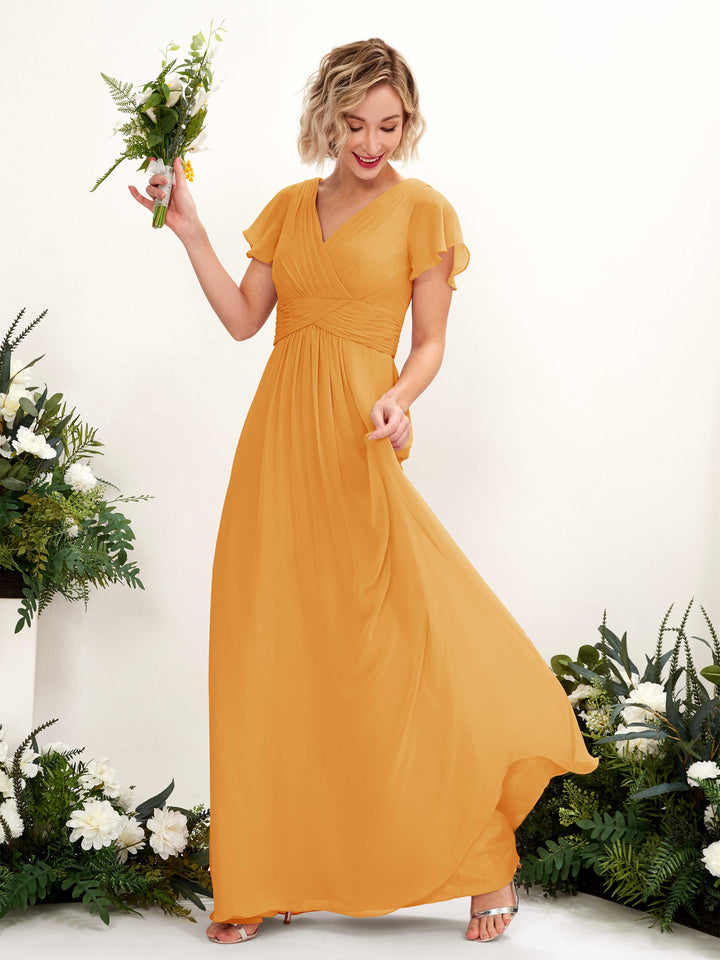 Carlyna Robe trapèze col V encolure croisée manches papillon longueur ras du sol Mangue 