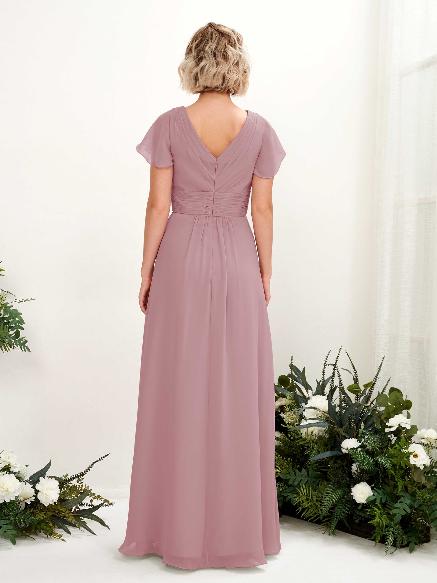 Carlyna Robe trapèze col V encolure croisée manches papillon longueur ras du sol Mauve Vintage #couleur_mauve-vintage