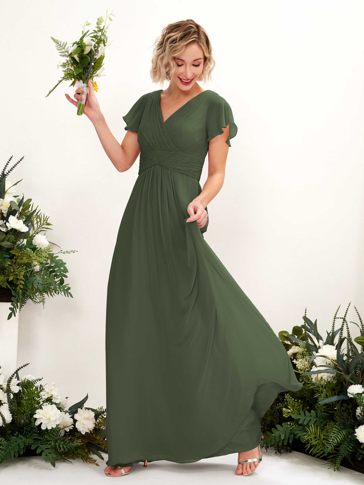 Carlyna Robe trapèze col V encolure croisée manches papillon longueur ras du sol Olive Martini 