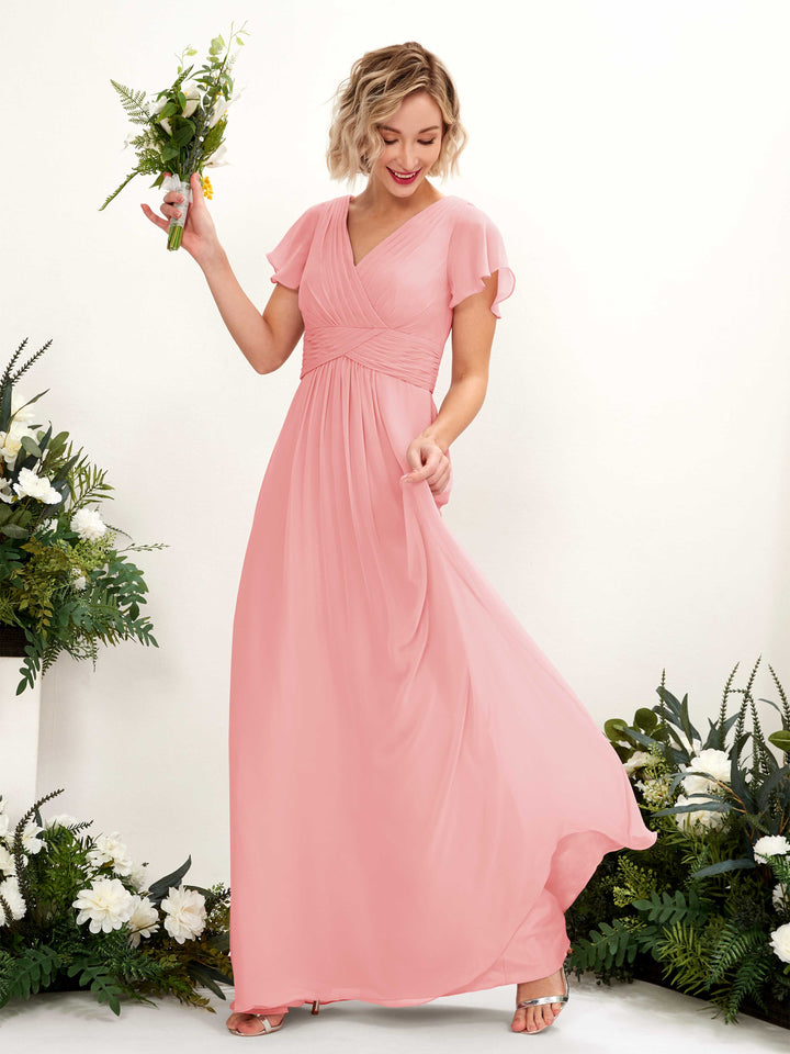Carlyna Robe trapèze col V encolure croisée manches papillon longueur ras du sol Rose Ballet 