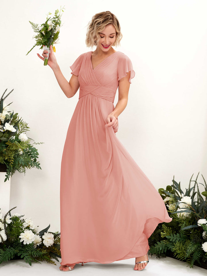 Carlyna Robe trapèze col V encolure croisée manches papillon longueur ras du sol Rose Champagne 