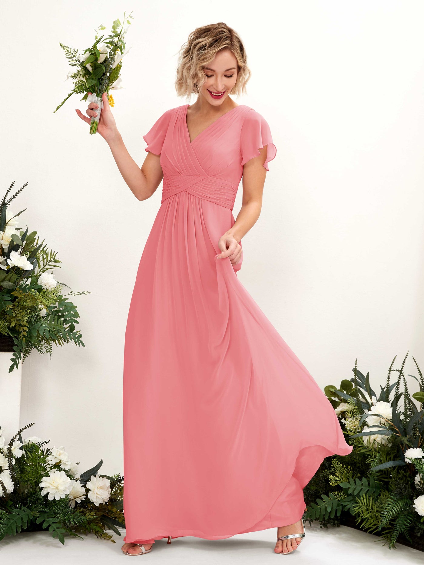 Carlyna Robe trapèze col V encolure croisée manches papillon longueur ras du sol Rose Corail #couleur_rose-corail