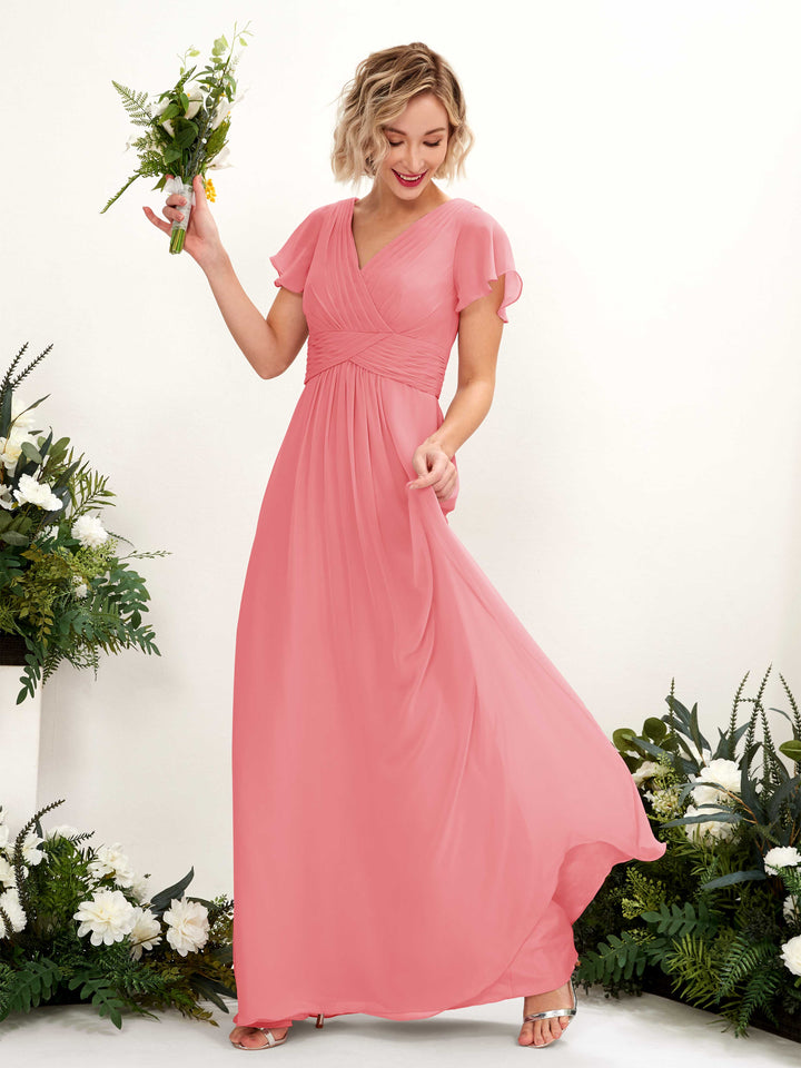 Carlyna Robe trapèze col V encolure croisée manches papillon longueur ras du sol Rose Corail 