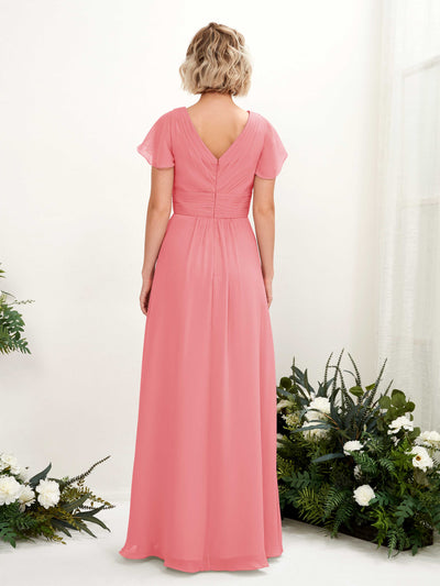 Carlyna Robe trapèze col V encolure croisée manches papillon longueur ras du sol Rose Corail #couleur_rose-corail