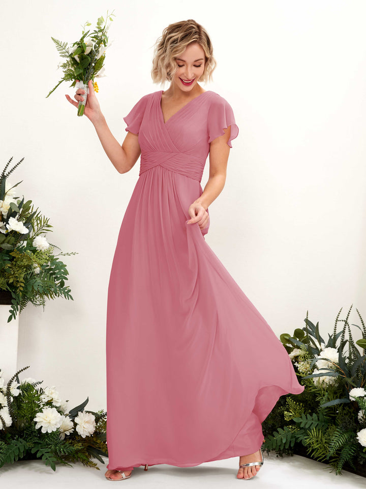 Carlyna Robe trapèze col V encolure croisée manches papillon longueur ras du sol Rose Du Désert 