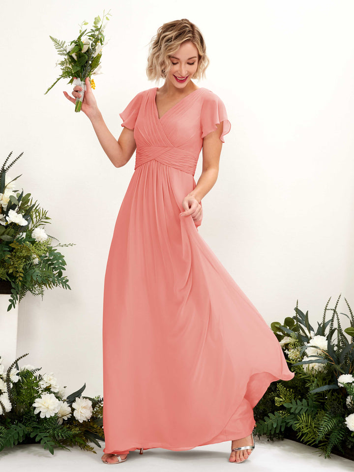 Carlyna Robe trapèze col V encolure croisée manches papillon longueur ras du sol Rose Pêche 