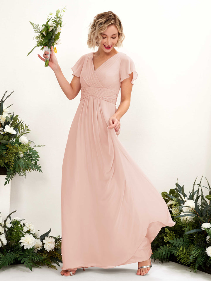 Carlyna Robe trapèze col V encolure croisée manches papillon longueur ras du sol Rose Perle 