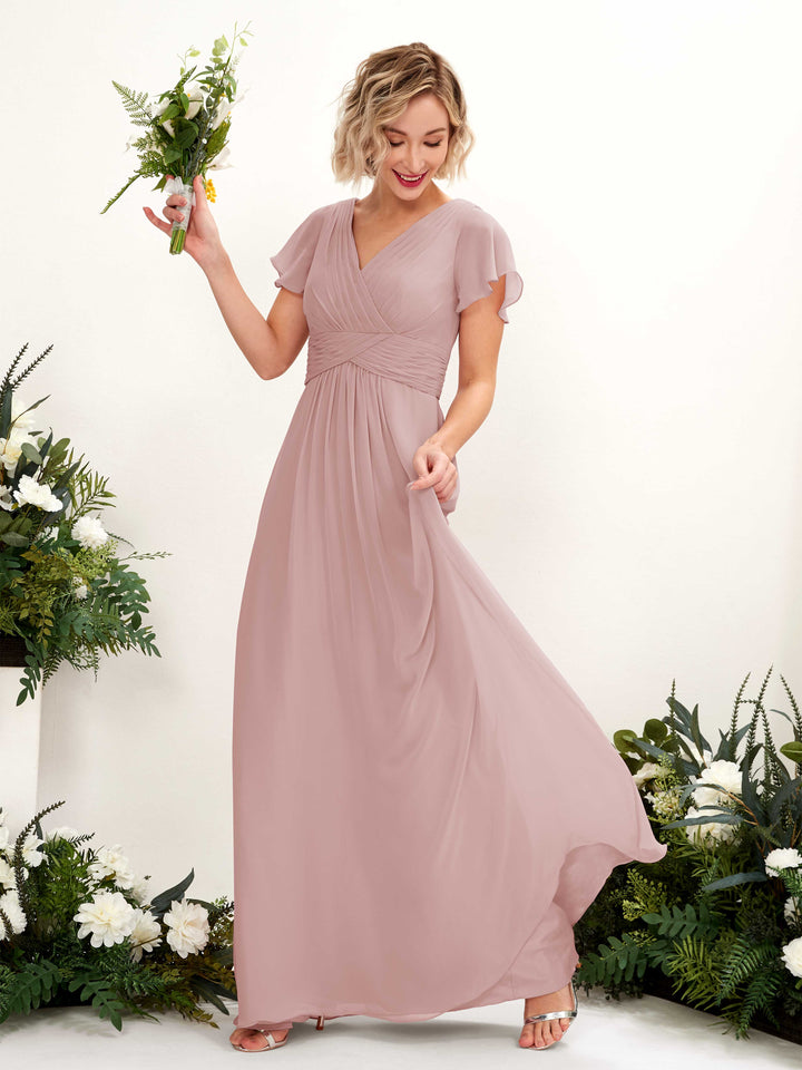 Carlyna Robe trapèze col V encolure croisée manches papillon longueur ras du sol Rose Poussiéreux 