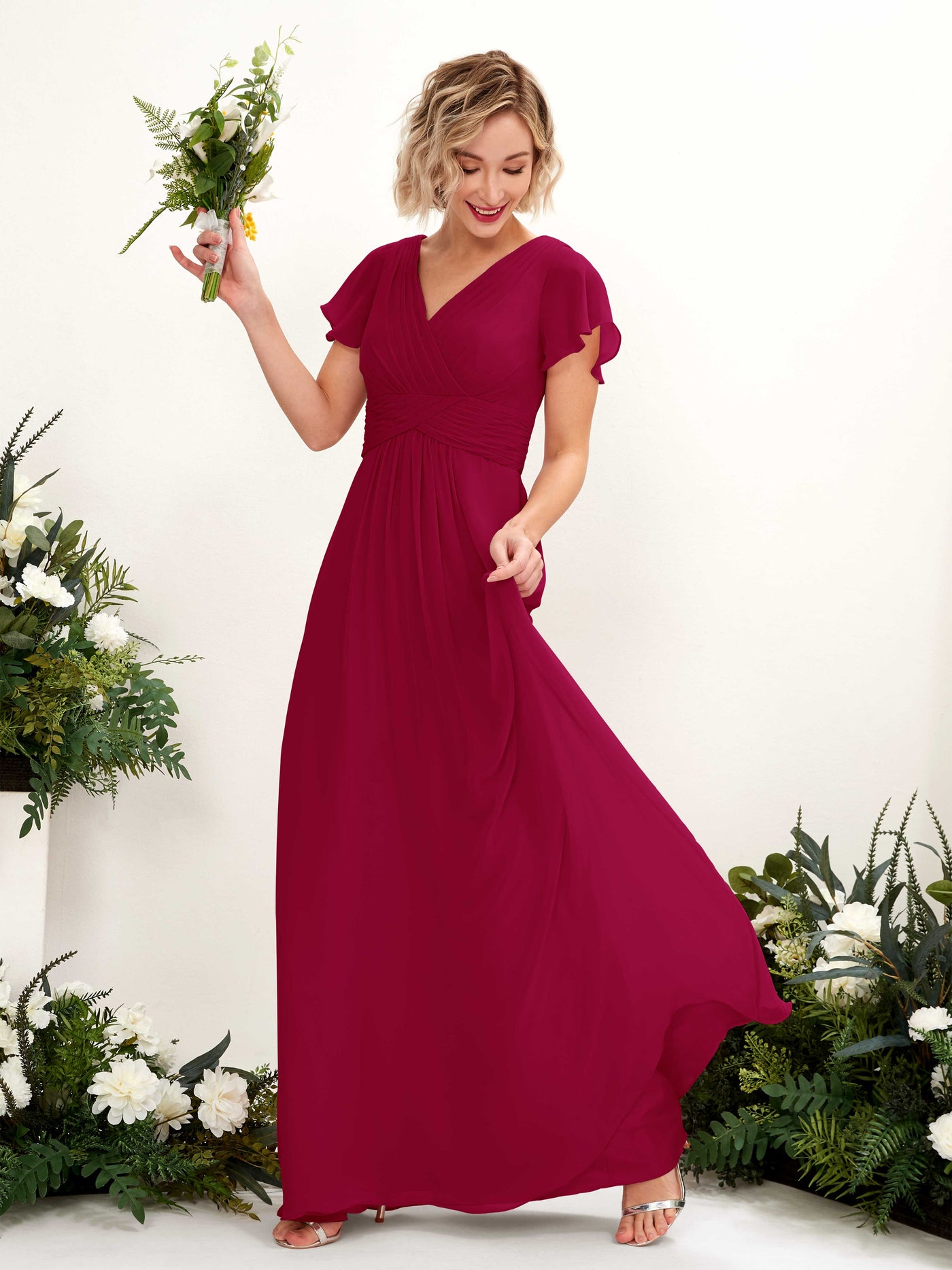 Carlyna Robe trapèze col V encolure croisée manches papillon longueur ras du sol Rouge Bouffon #couleur_rouge-bouffon