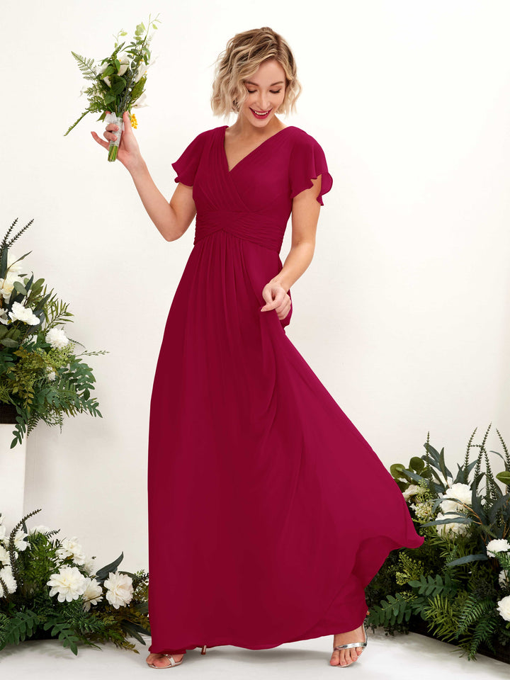 Carlyna Robe trapèze col V encolure croisée manches papillon longueur ras du sol Rouge Bouffon 