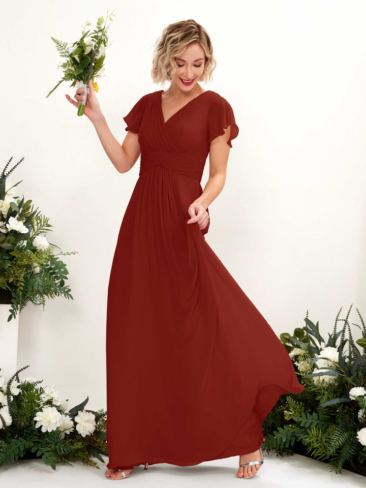 Carlyna Robe trapèze col V encolure croisée manches papillon longueur ras du sol Rouille 