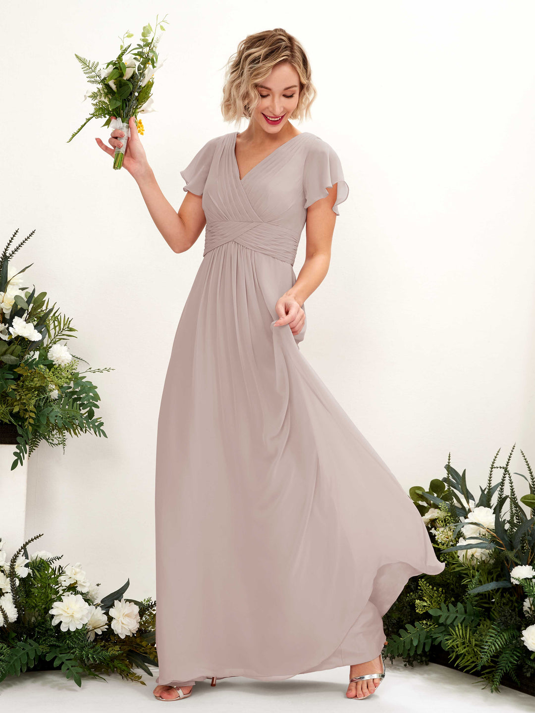Carlyna Robe trapèze col V encolure croisée manches papillon longueur ras du sol Taupe 