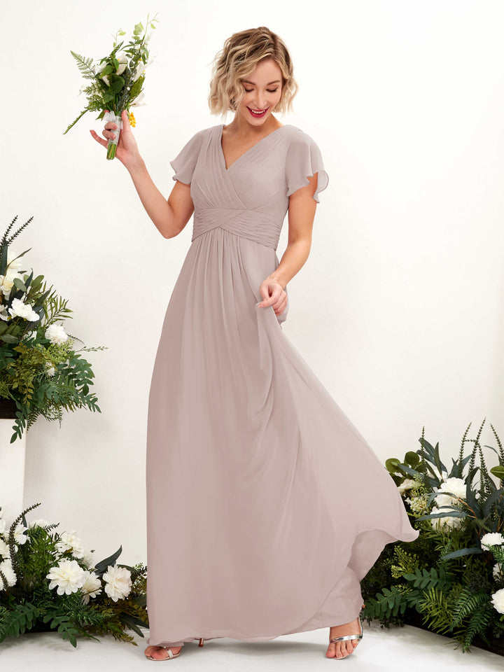 Carlyna Robe trapèze col V encolure croisée manches papillon longueur ras du sol Taupe 