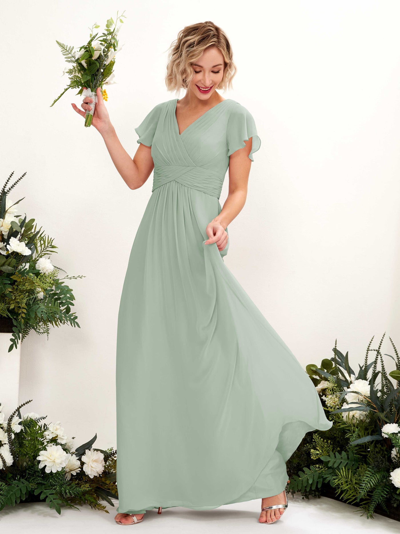 Carlyna Robe trapèze col V encolure croisée manches papillon longueur ras du sol Vert Sauge Foncé #couleur_vert-sauge-fonc