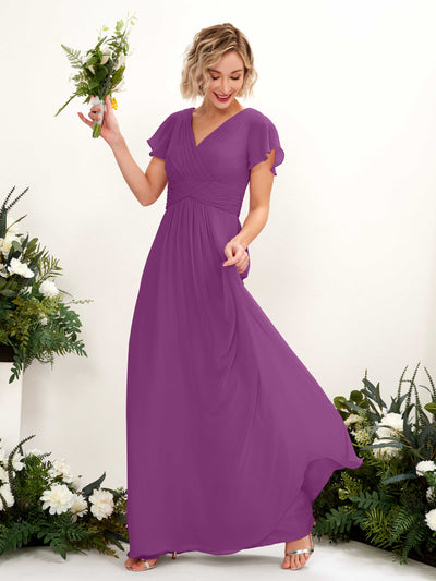Carlyna Robe trapèze col V encolure croisée manches papillon longueur ras du sol Violet #couleur_violet