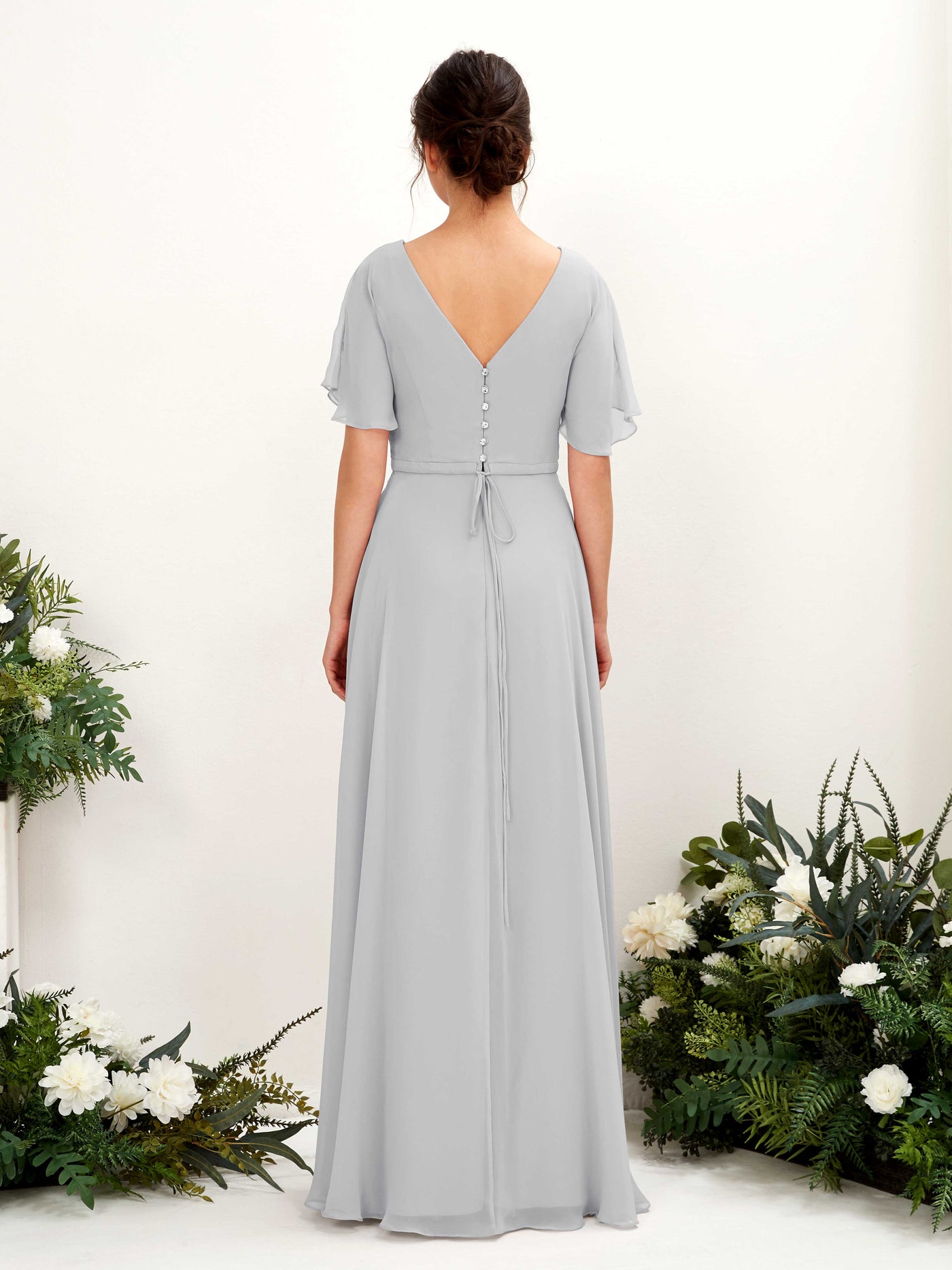 Carlyna Robe trapèze Col V Encolure croisée Manches papillon Longueur ras du sol Robes de demoiselle d'honneur Argent #couleur_argent