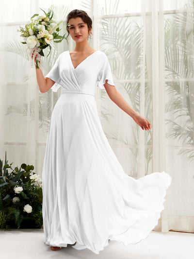 Carlyna Robe trapèze Col V Encolure croisée Manches papillon Longueur ras du sol Robes de demoiselle d'honneur Blanc #couleur_blanc