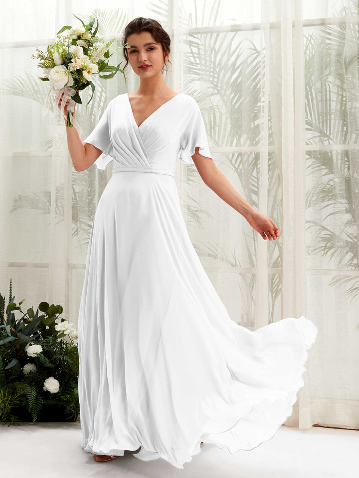 Carlyna Robe trapèze Col V Encolure croisée Manches papillon Longueur ras du sol Robes de demoiselle d&
