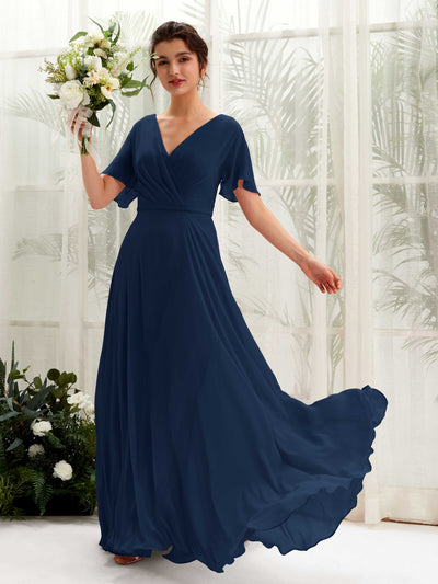 Carlyna Robe trapèze Col V Encolure croisée Manches papillon Longueur ras du sol Robes de demoiselle d'honneur Bleu Marine #couleur_bleu-marine