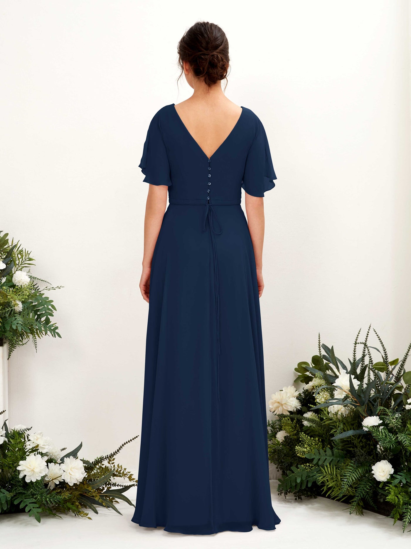 Carlyna Robe trapèze Col V Encolure croisée Manches papillon Longueur ras du sol Robes de demoiselle d'honneur Bleu Marine #couleur_bleu-marine