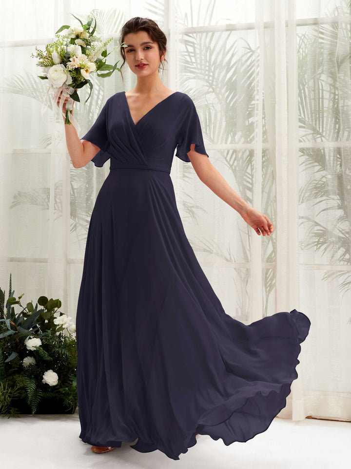 Carlyna Robe trapèze Col V Encolure croisée Manches papillon Longueur ras du sol Robes de demoiselle d&