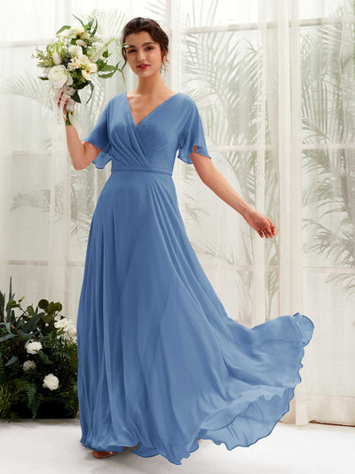 Carlyna Robe trapèze Col V Encolure croisée Manches papillon Longueur ras du sol Robes de demoiselle d'honneur Bleu Poussiéreux #couleur_bleu-poussi-reux