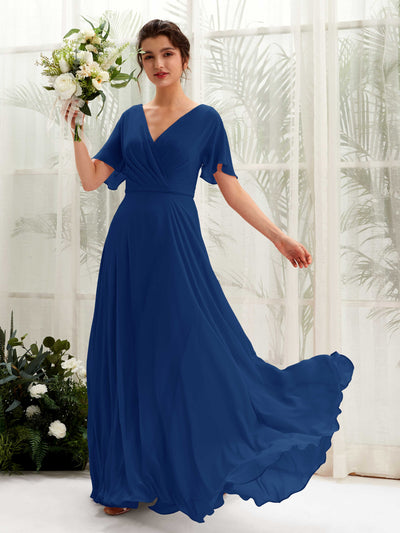 Carlyna Robe trapèze Col V Encolure croisée Manches papillon Longueur ras du sol Robes de demoiselle d'honneur Bleu Roi #couleur_bleu-roi