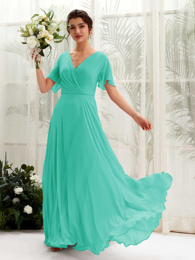 Carlyna Robe trapèze Col V Encolure croisée Manches papillon Longueur ras du sol Robes de demoiselle d'honneur Bleu Tiffany #couleur_bleu-tiffany